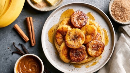 Fototapeta premium Delicious caramelized bananas served with honey, cinnamon, vanilla, butter, and brown sugar for a sweet homemade dessert.