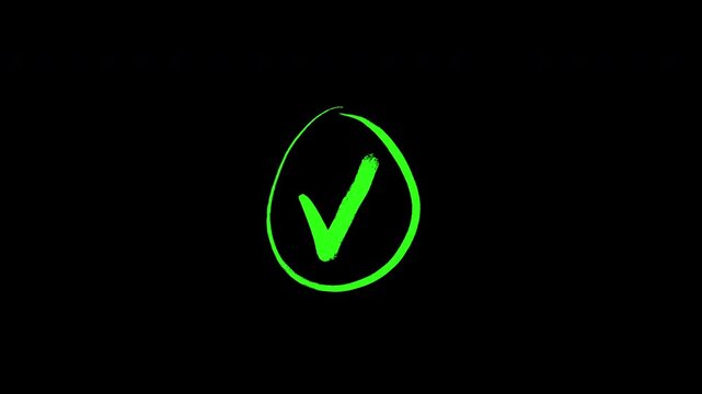 Green hand-drawn check mark in circle icon on black background