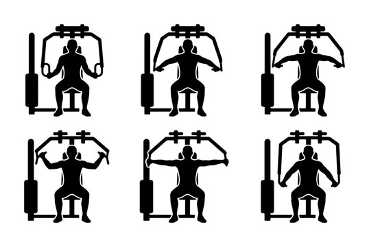 Gym Machine Exercise Icons, Fitness Workout Set, Strength Training Vector Graphics