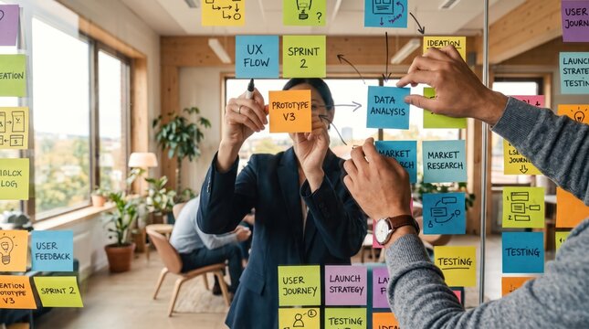 Business team collaborating on a glass wall with colorful sticky notes for agile project management and sprint planning in a bright office