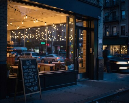Evening view of cozy cafe exterior with glowing fairy lights exterior building