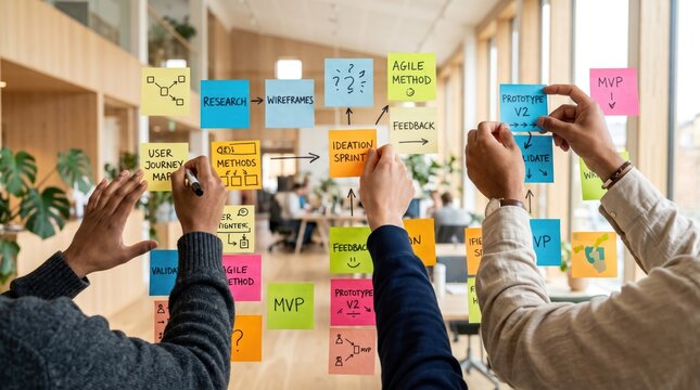 Business team collaborating on an agile project management board with colorful sticky notes on a glass wall in a bright office for ideation