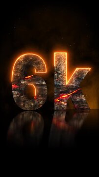 Vertical cinematic 3D 6K milestone title reveal carved from volcanic rock with glowing lava cracks, drifting smoke and embers, celebrating followers and subscribers