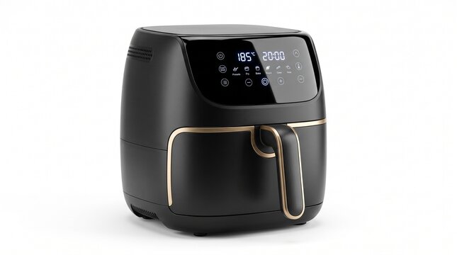 Modern black air fryer with digital display, sleek kitchen appliance for healthy cooking, matte black electric deep fryer with gold trim on white background