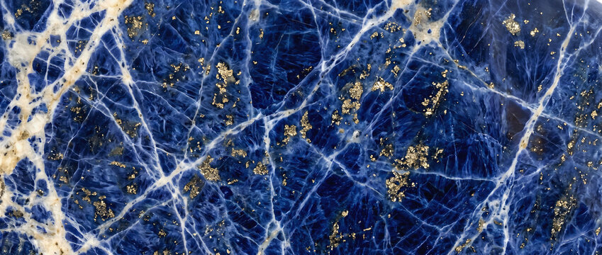 Marble texture background showing deep blue lapis stone surface with white crystalline veins and scattered golden pyrite specks perfect for luxury design projects