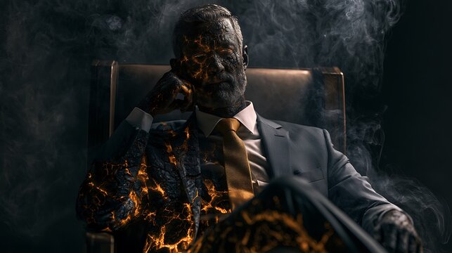 Prompt: A cinematic conceptual portrait of a businessman sitting in his chair, but his skin texture is gradually turning into cracked, glowing volcanic charcoal, emitting faint gray smoke. Shot 