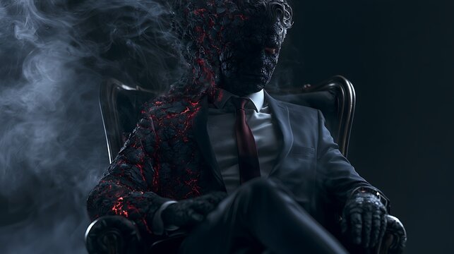 Prompt: A cinematic conceptual portrait of a businessman sitting in his chair, but his skin texture is gradually turning into cracked, glowing volcanic charcoal, emitting faint gray smoke. Shot 