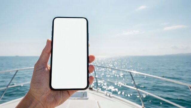 Mockup hand holding smartphone with blank screen on a boat