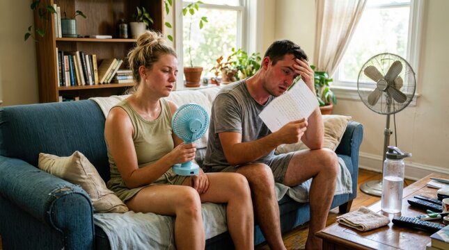 Stressed young couple sitting on couch at home trying to stay cool during a hot summer day with small electric fans