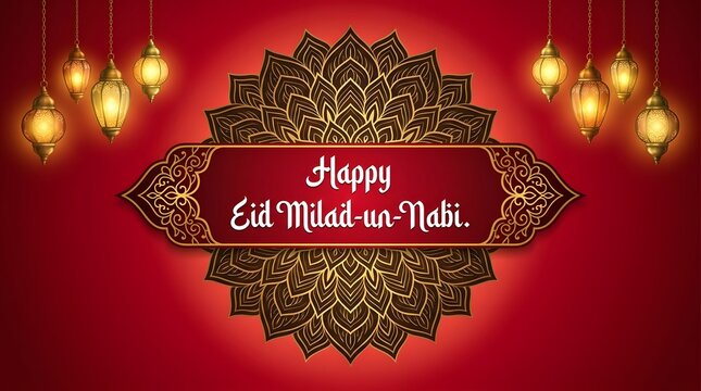 A festive red background featuring ornate islamic patterns and glowing lanterns to celebrate the eid milad un nabi holiday