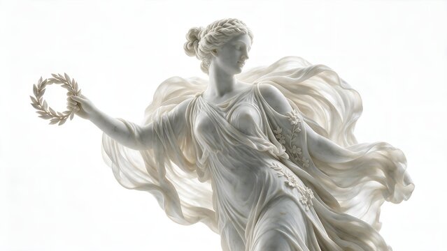 Classical marble statue depicting elegant goddess figure with flowing fabric drapery holding circular laurel wreath crown isolated against clean bright white studio background for artistic projects