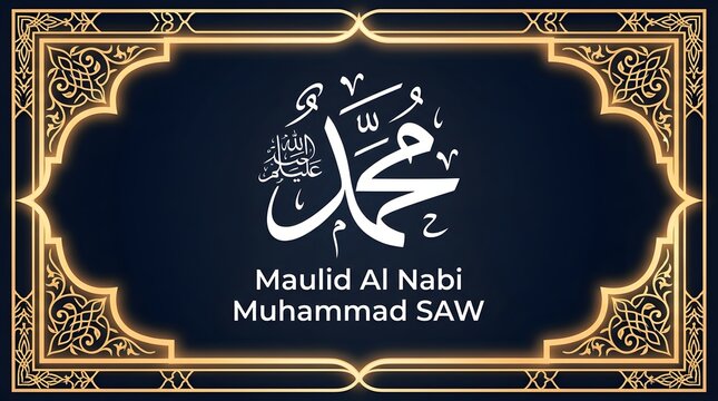 Elegant islamic calligraphy design celebrating the birth of prophet muhammad with ornate gold border frame