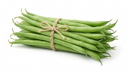 Fototapeta premium Fresh green beans tied with twine, organic raw string beans bundle, healthy garden vegetables isolated on white background