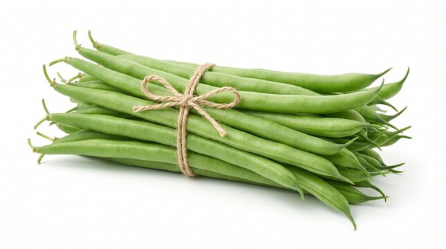 Fresh green beans tied with twine, organic raw string beans bundle, healthy garden vegetables isolated on white background