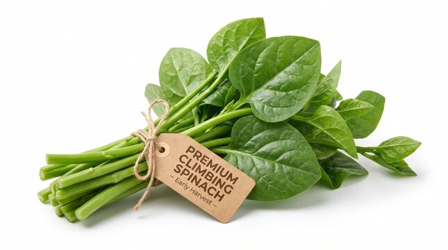 Fresh premium climbing spinach bunch with paper tag, organic malabar spinach leaves on white background, raw green leafy vegetable for healthy cooking