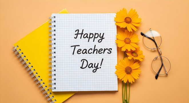 Teacher appreciation day card with yellow flowers. Handwritten happy teachers day note on notebook with daffodils and glasses.
