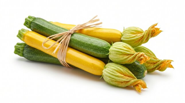 Fresh baby zucchini with blossoms, bundle of green and yellow courgettes tied with raffia, organic summer squash on white background