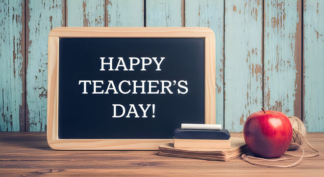 Teacher's Day celebration with handmade chalkboard sign. Happy educator appreciation message on rustic wooden table with apple.