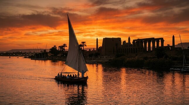 Feluca Sailing on the Nile River at Sunset with Ancient Egyptian Temples.