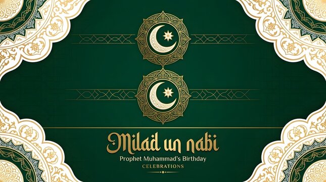 Elegant green background design celebrating the islamic observance of milad un nabi with ornate gold decorative elements