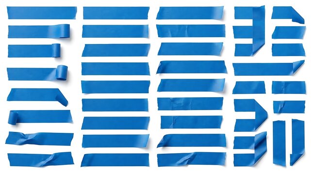 Blue masking tape strips collection. Adhesive painter tape pieces isolated on white background.