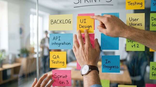 Hands of a team working on an agile project board with colorful sticky notes on a glass wall in a bright office for sprint planning tasks