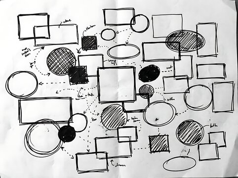 Hand drawn geometric shapes on white paper. Sketch of circles and squares for flowcharts.