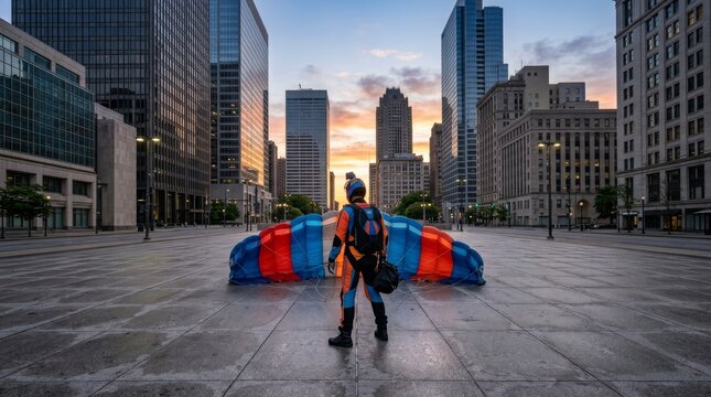 Paraglider stands on city square with bright parachute spread at sunset