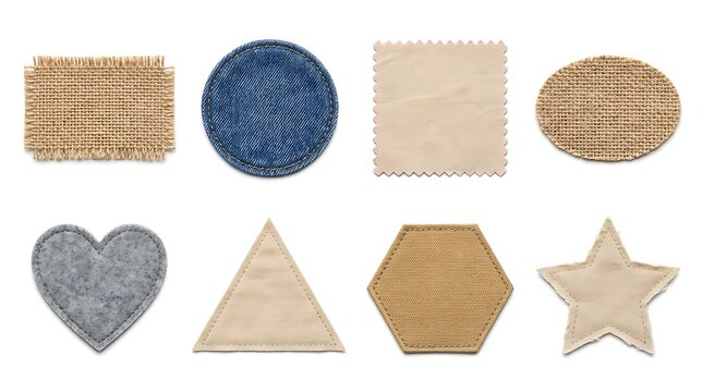 Set of various fabric shapes. Textile patches in geometric and decorative forms.
