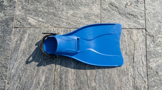 Blue swim fin rests on gray stone pavement outdoors in sunlight.