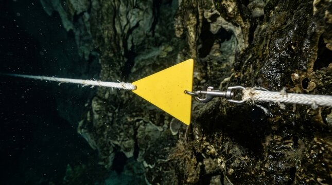 A yellow triangle sign hangs from a rope against a rocky cave wall.