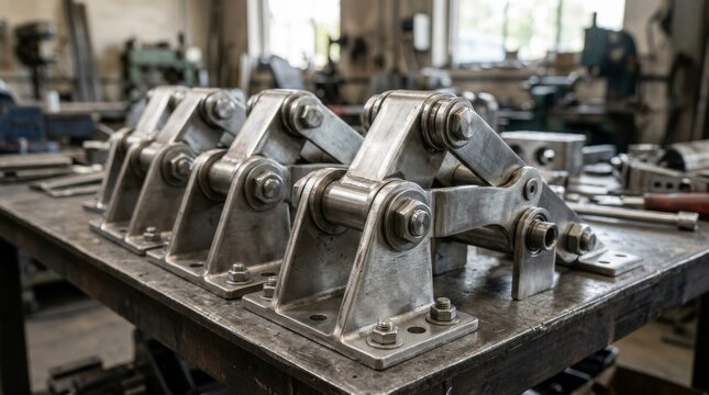 Metal brackets with bolts rest on a heavy steel workbench in a workshop.