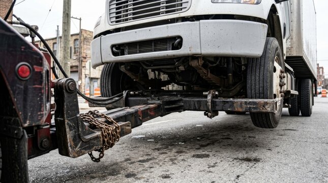 A white semi truck sits on a tow trailer in a city street.