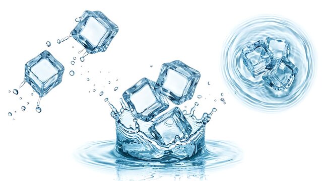 Ice cubes splashing in water. Frozen water blocks falling into liquid.