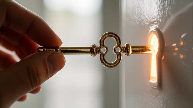 Close-up of hand inserting ornate vintage brass key into glowing keyhole on door