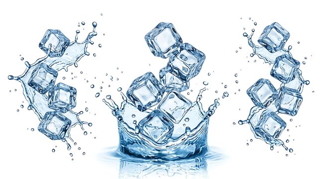 Ice cubes splashing in clear water. Frozen water blocks with dynamic liquid spray.