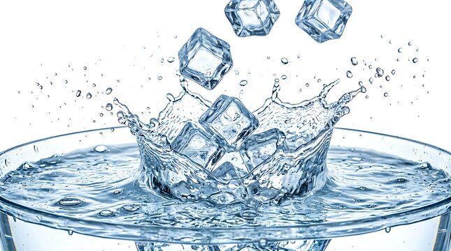 Ice cubes falling into water glass. Refreshing drink splash with clear liquid.