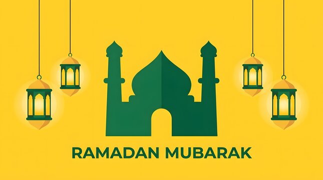 A festive ramadan mubarak greeting card featuring a green mosque silhouette and glowing hanging lanterns on yellow background
