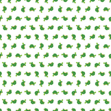 Seamless Pattern of Cute Watercolor Green Turtles and Tortoises on Isolated White Background