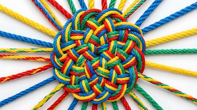 Colorful braided ropes forming a circular pattern. Intertwined vibrant cords creating a complex knot.