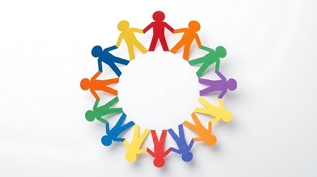 Colorful paper people holding hands in a circle. Diverse community unity concept.