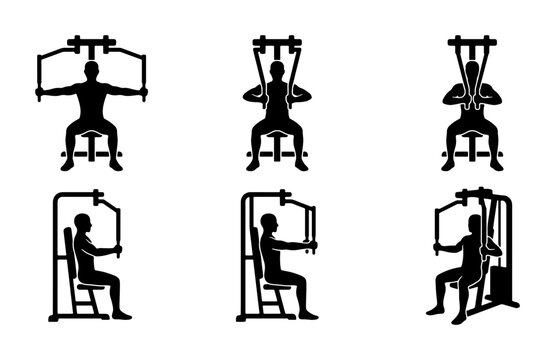 Gym Machine Icons Set: Chest Press, Pec Deck, Shoulder Press, Workout Equipment Vector Graphics