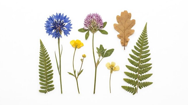 Pressed dried wildflowers and fern leaves. Herbarium collection of botanical specimens on white.
