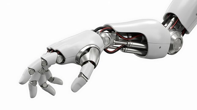 White robotic arm reaching out. Futuristic mechanical hand showing advanced artificial intelligence technology.
