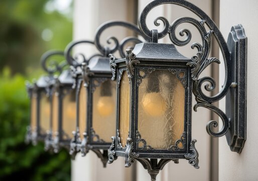 Row of vintagestyle black metal wall lanterns with glowing warm light bulbs mounted on a wall
