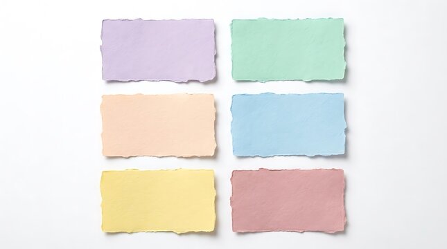 Pastel paper cards with torn edges. Colorful blank stationery notes for creative design.