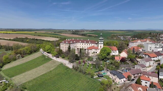 Ben&aacute;tky nad Jizerou Castle in spring - Aerial drone view