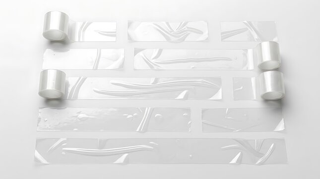 Clear adhesive tape strips on white background. Transparent scotch tape pieces for office projects.