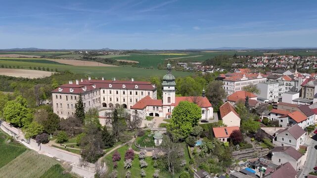 Ben&aacute;tky nad Jizerou Castle in spring - Aerial drone view