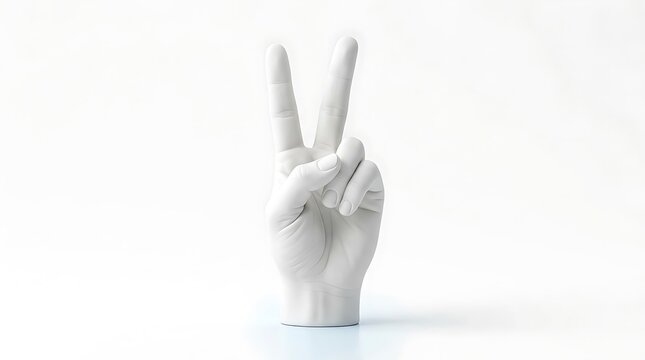 White plaster hand sculpture showing peace sign. Victory gesture statue on white background.